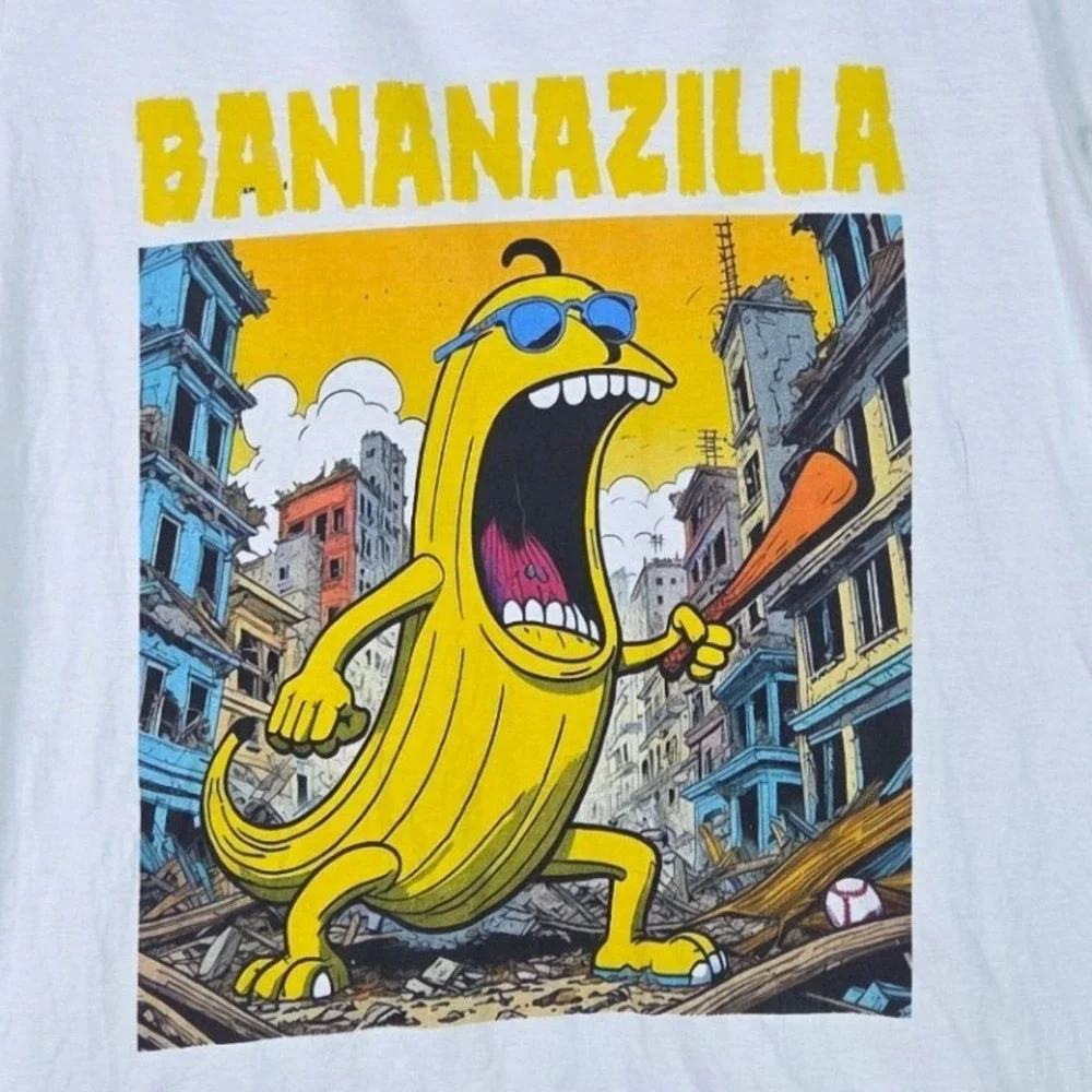 Gildan Bananazilla Graphic T-Shirt Mens 1X White Godzilla Banana Short Sleeve